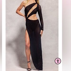 Pretty little thing, Naomi Campbell Embellished Mesh One Sleeve black Dress